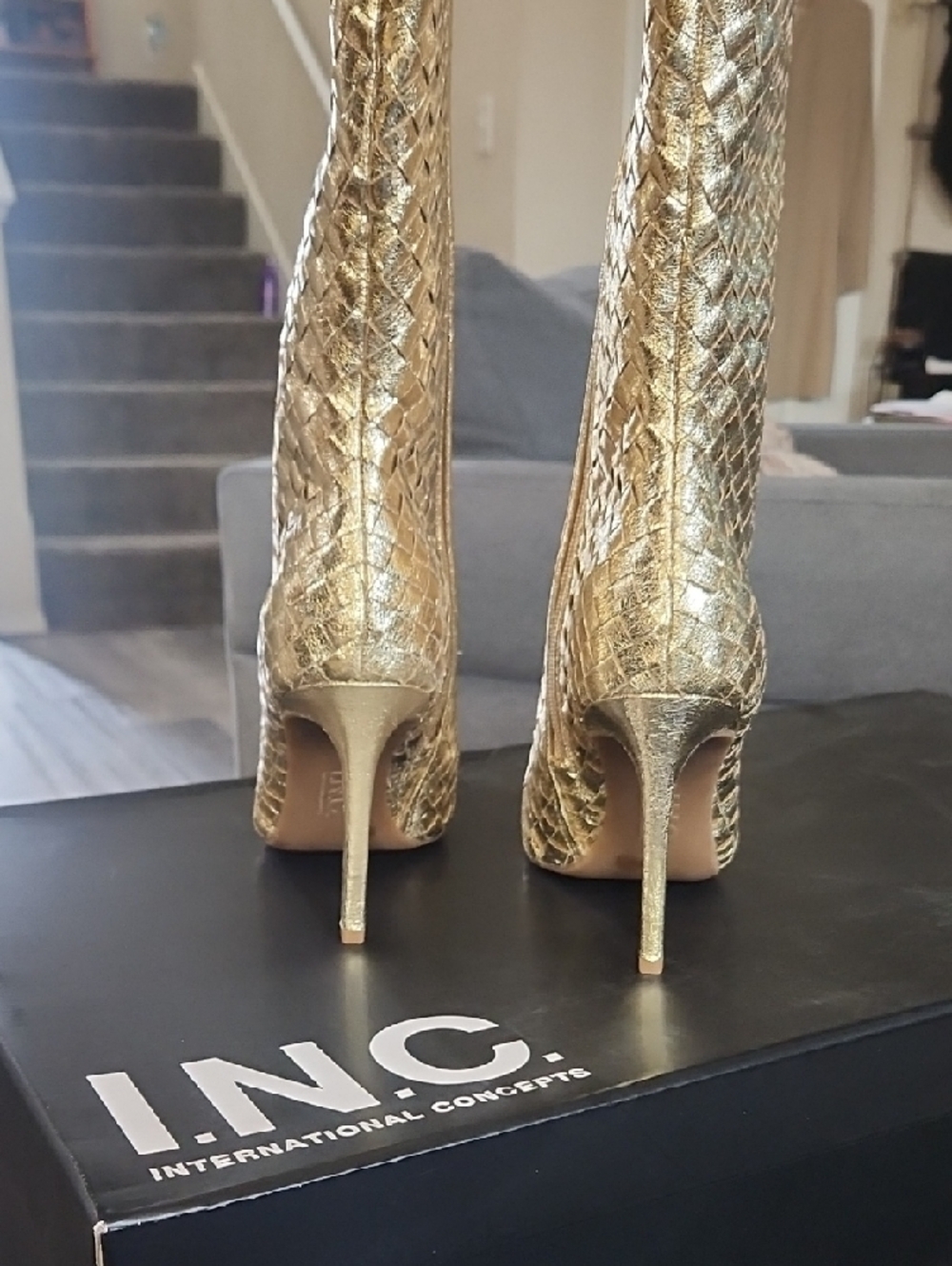 INC International Concepts Gold Knee-High Woven Pointed-Toe Boots Office,Evening - Picture 5 of 8